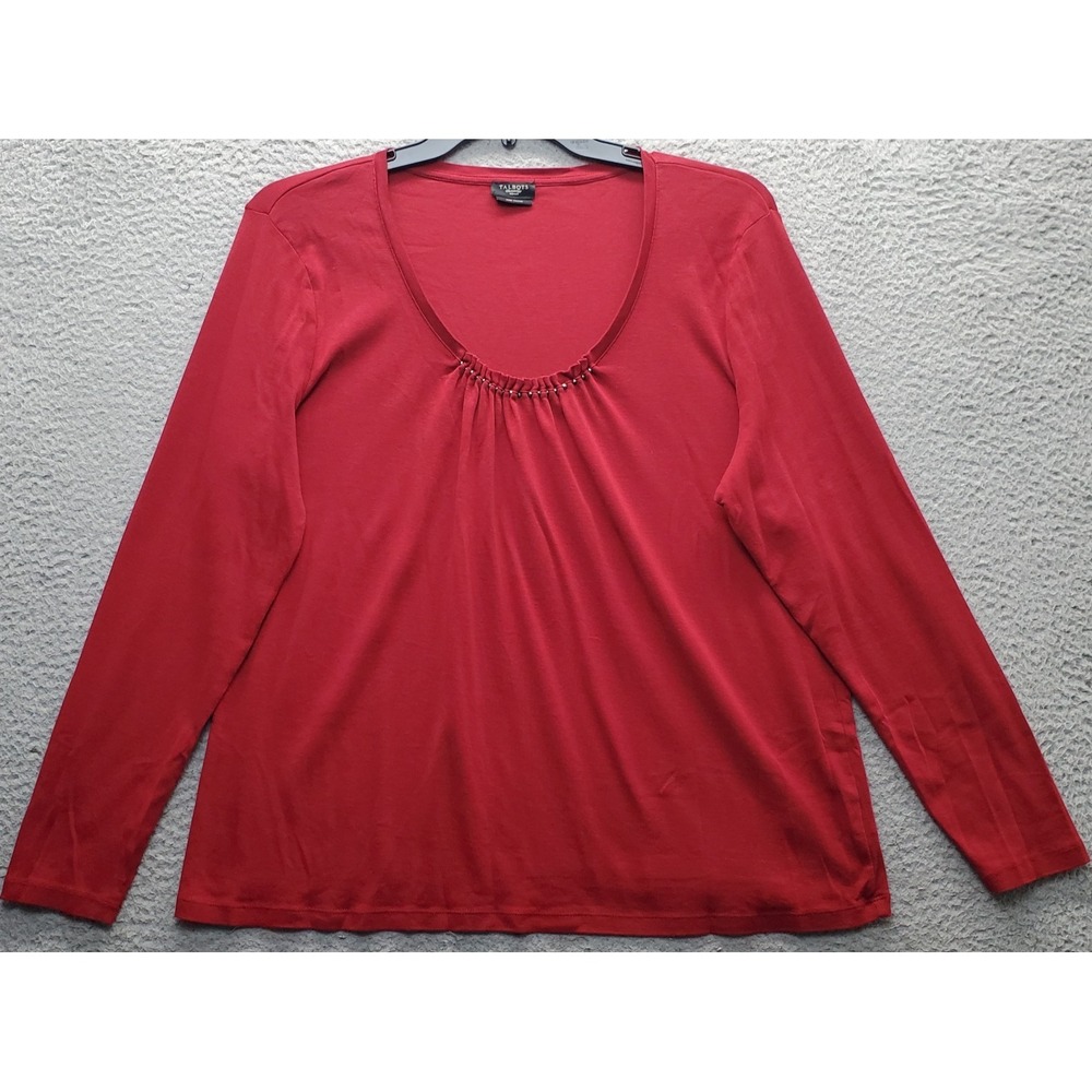 Talbots Blouse Top Women's XL Red Long Sleeve Beaded Pleated Scoop Neck Pullover